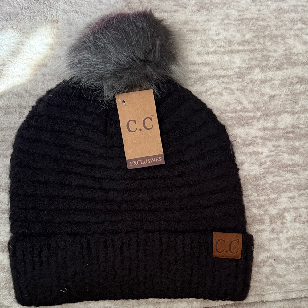 C.C Black Beanie with Gray Faux Fur Pom/ ASK 15% OFF